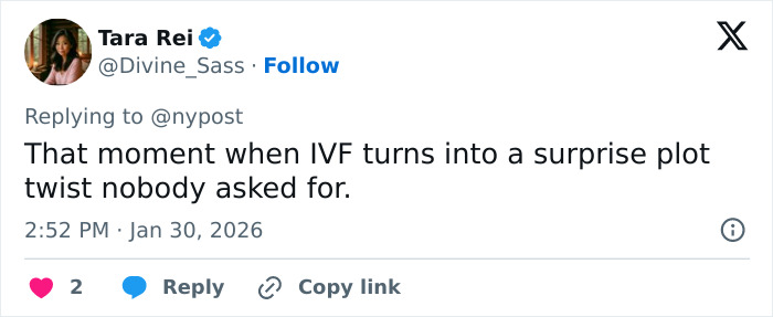 Screenshot of a tweet describing an unexpected IVF fertility clinic mix-up resulting in parents receiving another couple’s child.