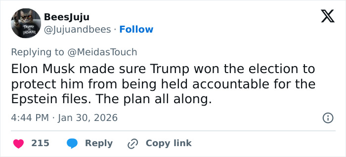 Tweet discussing Trump’s connection to Epstein files and election outcomes amid new claims from Epstein victim.