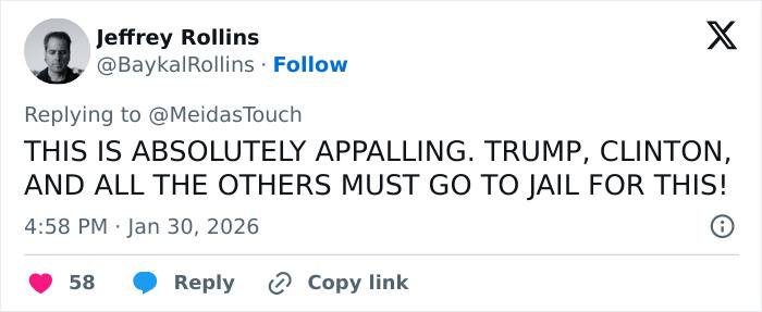 Screenshot of a tweet condemning Trump amid new files about 13-year-old Epstein victim claims. Screenshot of a tweet condemning Trump amid new files about 13-year-old Epstein victim claims.