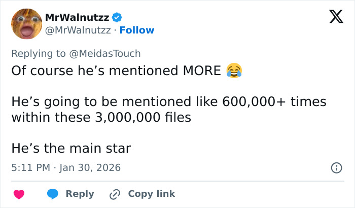 Screenshot of a tweet discussing the frequency of Trump mentions in Epstein victim files related to new revelations.