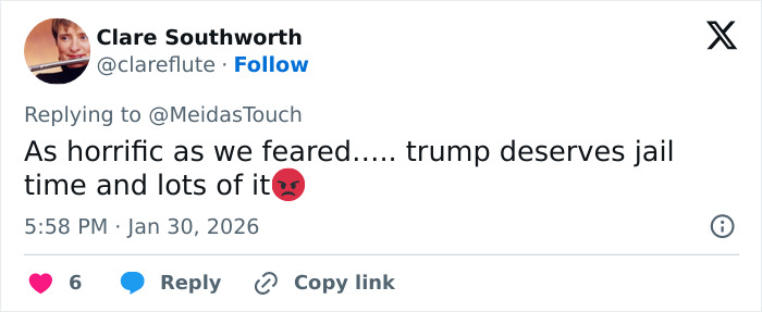 User tweet expressing anger over Trump with mention of jail time, linked to 13-year-old Epstein victim claims in new files. User tweet expressing anger over Trump with mention of jail time, linked to 13-year-old Epstein victim claims in new files.