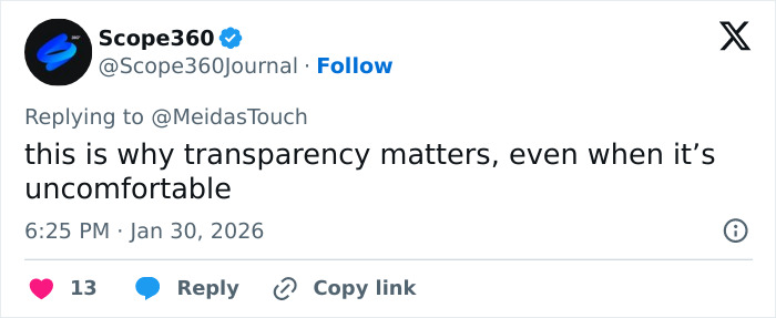 Tweet from Scope360 on transparency, discussing new files about 13-year-old Epstein victim claiming Trump involvement. Tweet from Scope360 on transparency, discussing new files about 13-year-old Epstein victim claiming Trump involvement.
