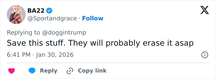 Tweet by user BA22 warning that information about Epstein victim claims involving Trump may be erased soon. Tweet by user BA22 warning that information about Epstein victim claims involving Trump may be erased soon.