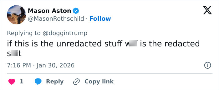 Tweet by Mason Aston discussing unredacted files related to 13-year-old Epstein victim and claims involving Trump.