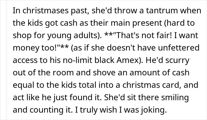 Greedy Mom reacting angrily to dad's inheritance plans shown as text excerpt on a white page Greedy Mom reacting angrily to dad's inheritance plans shown as text excerpt on a white page