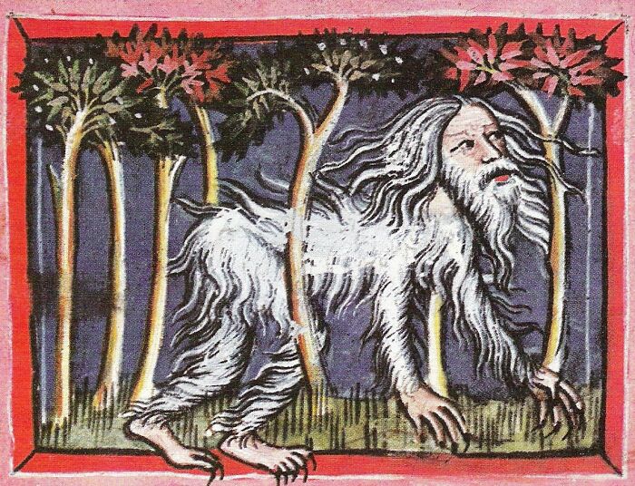 Medieval painting of a wild hairy man with human face walking through a forest, used for meme captions and punchlines.