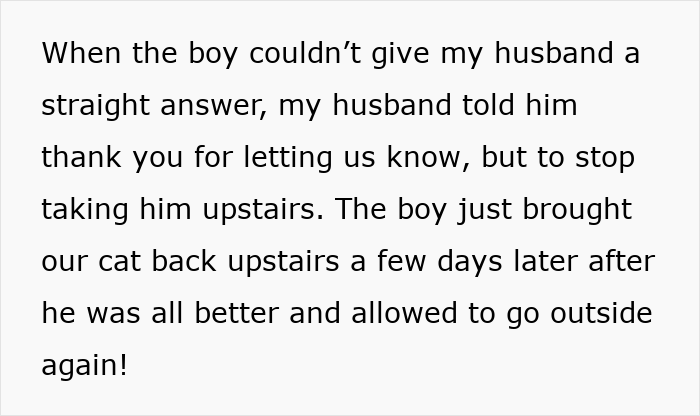 Text describing a cat disappearing for days, with the neighbor secretly adopting and caring for the cat.