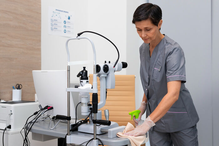 Healthcare worker cleaning medical equipment in a clinic, illustrating bizarre office rules that frustrate employees.