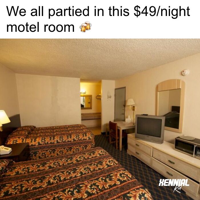Vintage budget motel room with patterned bedspreads, old TV, and simple furniture, evoking nostalgic Xenials memories.