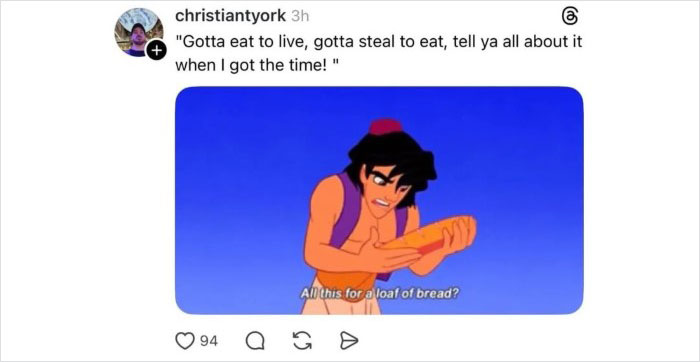 Disney thread screenshot with Aladdin holding bread, caption questioning value, social media post going viral unexpectedly