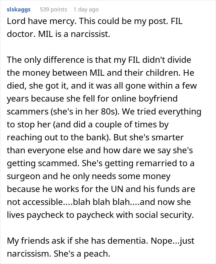 Reddit screenshot discussing greedy mom and inheritance plans, comment recounting MIL losing money to scams Reddit screenshot discussing greedy mom and inheritance plans, comment recounting MIL losing money to scams