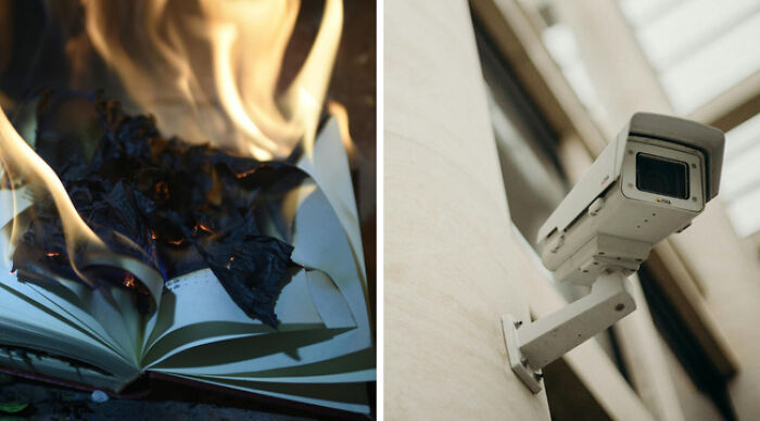 Burning book beside surveillance camera, Would You Rather choices from books and films theme