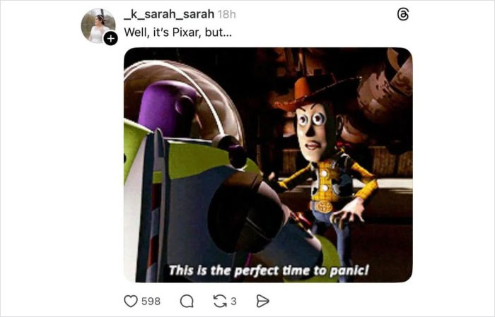 Buzz Lightyear and Woody from Toy Story in a viral Disney thread meme about panic and deletion controversy.