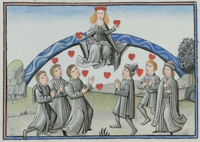 Medieval painting showing a crowned figure surrounded by people with hearts, perfect for meme captions and punchlines.