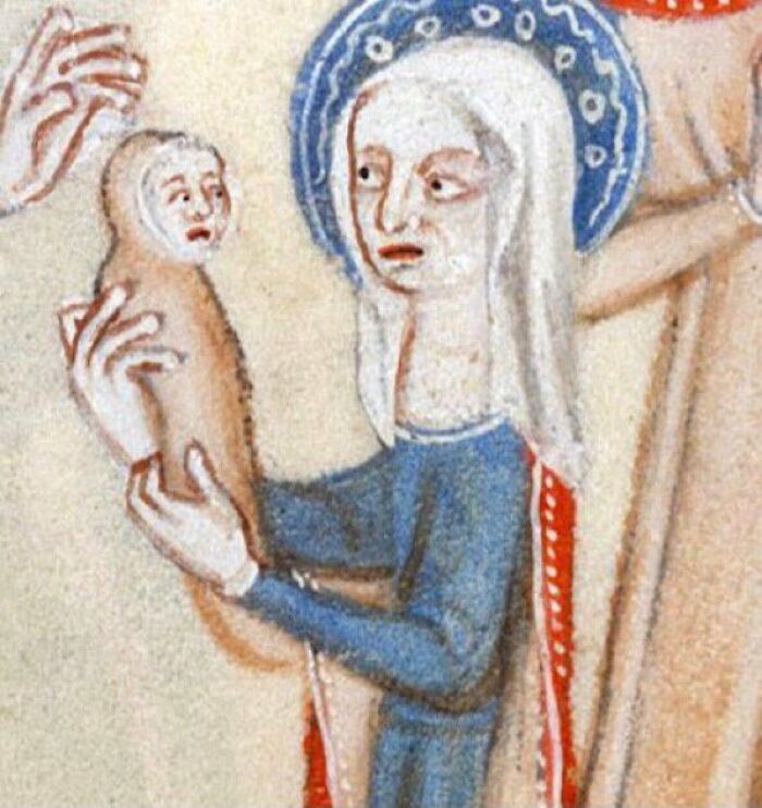 Medieval painting showing a woman in blue holding a small figure with a human face, perfect for meme captions and punchlines.