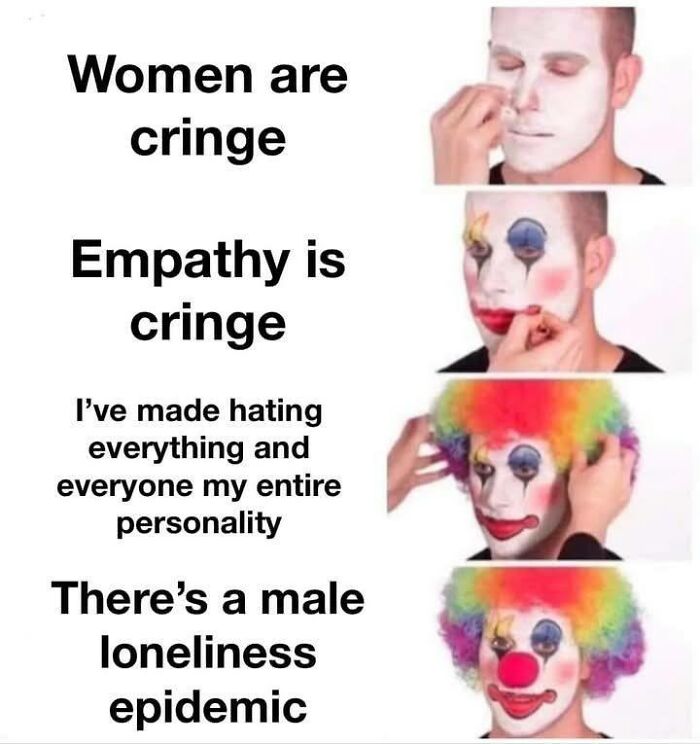 Funny meme showing a man progressively applying clown makeup, illustrating feelings of male loneliness and cringe.