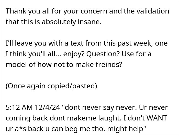 Text message showing a bizarre conversation related to a woman&rsquo;s crazy story about her hair stylist and a mysterious hair shrine.