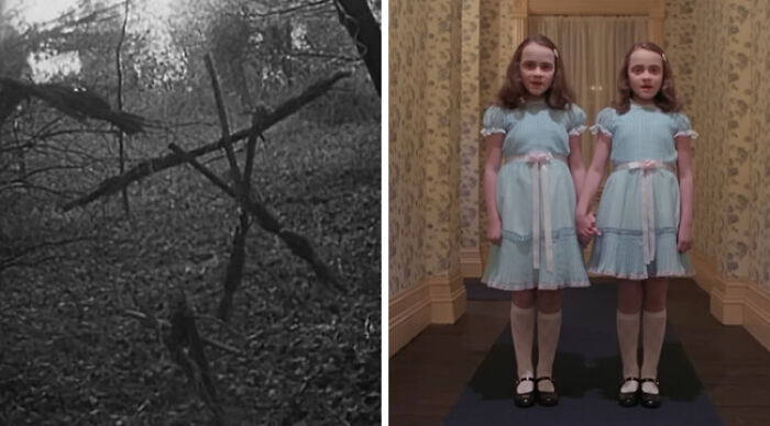 Would You Rather choice: eerie twig figure in woods beside identical girls in blue dresses in a hotel hallway