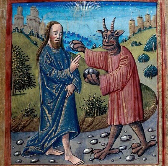 Medieval painting showing a demon in red robe and a barefoot man in blue robe with stones on a rocky path.