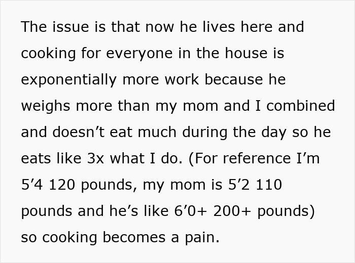 Alt text: Mom and boyfriend food drama causing tension over cooking and meal portions in shared household.