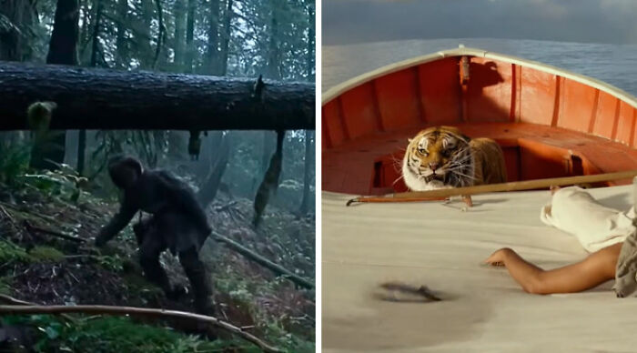 Split scene: hunter in misty forest on left, tiger in lifeboat on right — Would You Rather choice from books and films