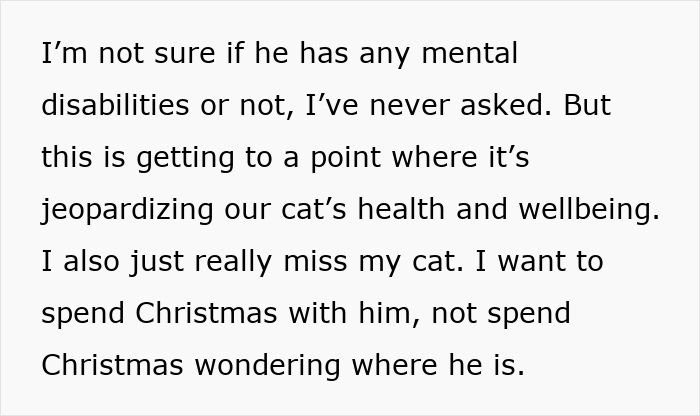 Text excerpt about concern for a cat&rsquo;s health and wellbeing as the pet disappears for days due to neighbor adopting him.