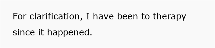 Text saying for clarification I have been to therapy since it happened highlighting grief-related emotions behind dislike of superhero stuff