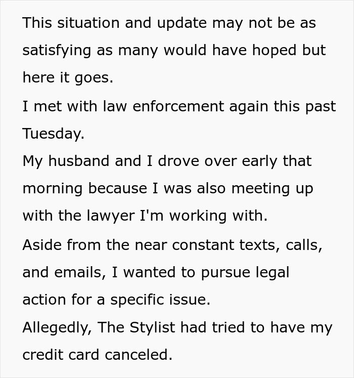 Text excerpt describing a woman&rsquo;s story about her hair stylist, focusing on legal issues and a strange shrine.