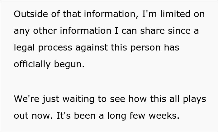 Text excerpt discussing limited information due to legal process and anticipation of how the situation will unfold.