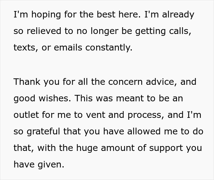 Text excerpt showing a woman sharing her experience and relief after dealing with her hair stylist and a strange hair shrine discovery.