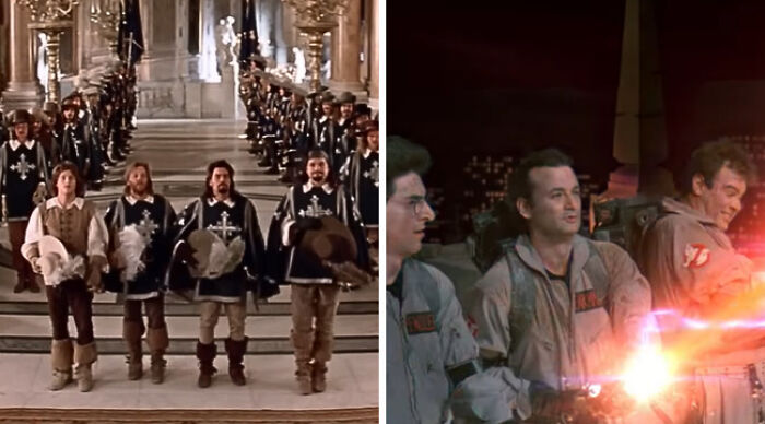 Split image of musketeers in a grand hall and Ghostbusters firing proton packs, Would You Rather hero choice