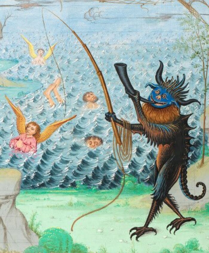 Medieval painting of a blue horned demon fishing souls from the water surrounded by angels and heads floating in the sea.