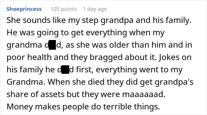 Reddit comment screenshot about a family inheritance dispute and Greedy Mom reacting to dad's inheritance plans. Reddit comment screenshot about a family inheritance dispute and Greedy Mom reacting to dad's inheritance plans.