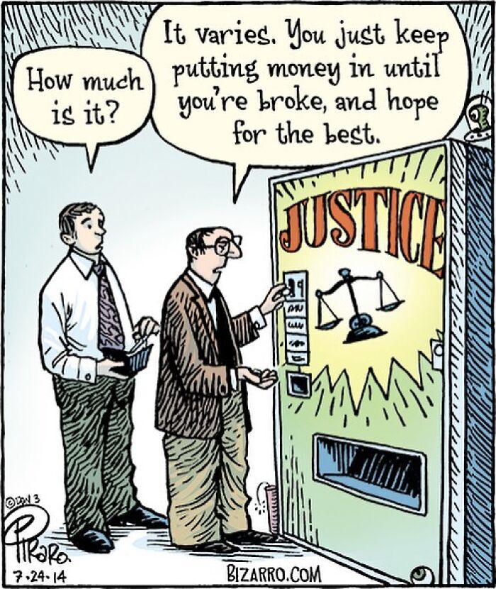 Man in suit uses justice vending machine with another man asking about cost, illustrating relatable moments in Dan Piraro cartoons.
