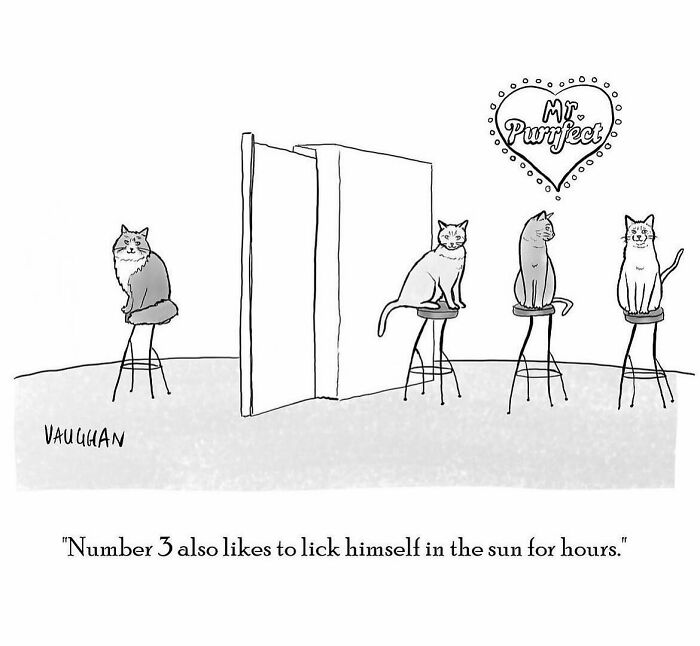 Cartoon of cats sitting on stools with a heart sign saying Mr. Purrfect, a comedy comic by an artist.