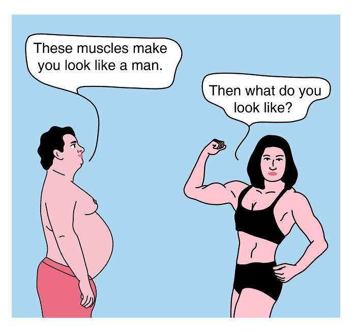 Studio Stoutpoep illustrations: cartoon man with belly told muscles make him look like a man by muscular woman flexing.