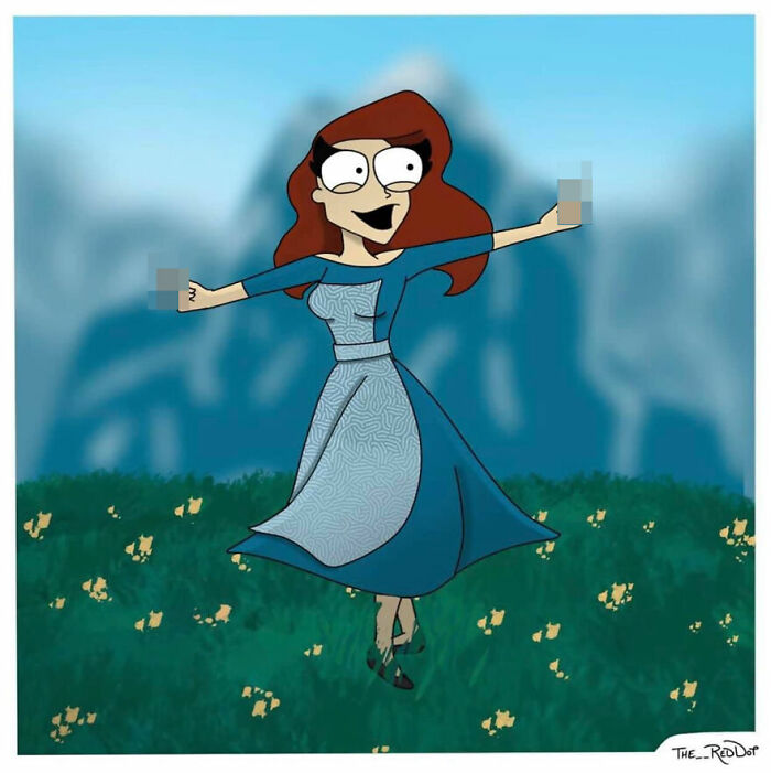Animated female character in a blue dress with red hair, smiling and holding up hands in a bold comic style from RedDot.