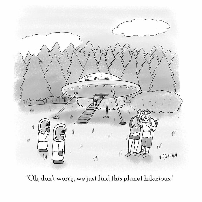 Black and white comic showing aliens coming down from a UFO, humorously highlighting comedy can come from anywhere.