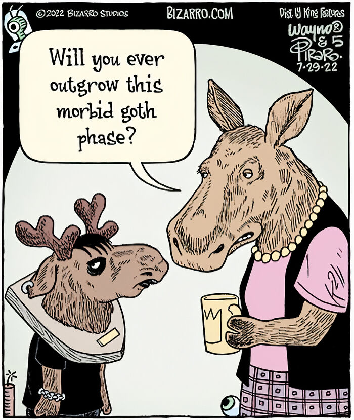 Cartoon featuring moose characters depicting relatable moments in modern life with humor about a goth phase.