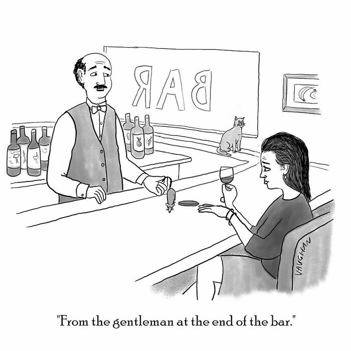 Black and white comic showing a bartender and woman at a bar, highlighting comedy from anywhere in this artist’s work.
