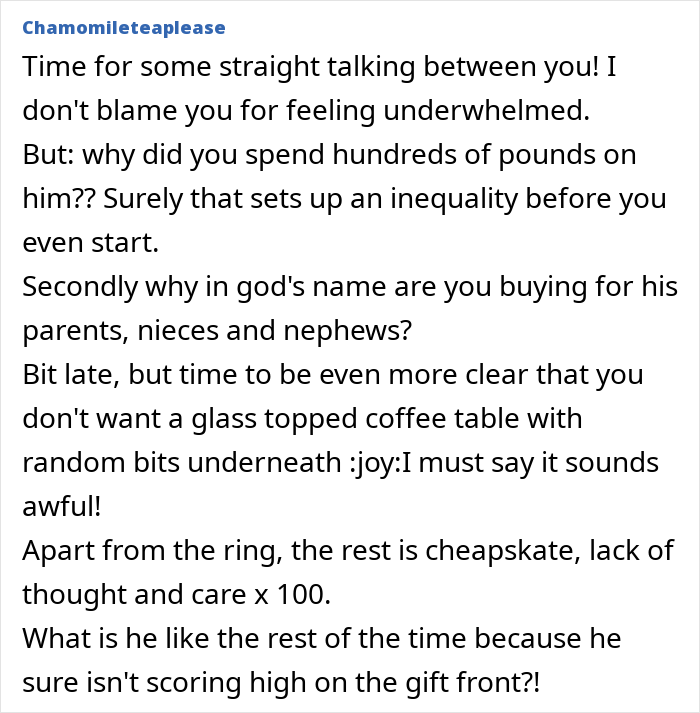 ALT text: Online comment discussing ungratefulness and abhorrent gifts from husband, highlighting gift inequality and lack of thought.