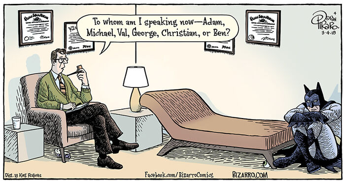 Cartoon by Dan Piraro showing a therapist asking a patient dressed as Batman about relatable moments in modern life.
