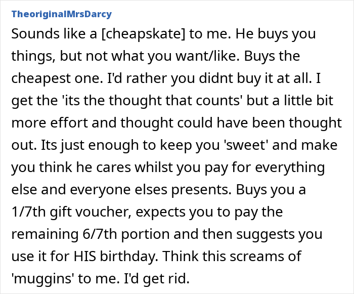 Alt text: Woman feels bad for being ungrateful for husband&rsquo;s gifts, with people agreeing his gifts are abhorrent and cheap.