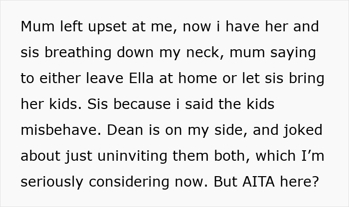 Text about mom insisting on including sister&rsquo;s unruly kids at wedding, causing tension and consideration of uninviting both.