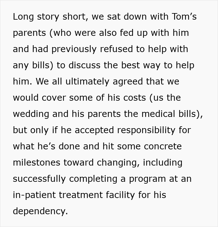 Text about fiance wedding friend money discussing parents covering costs and conditions for responsibility and treatment completion.