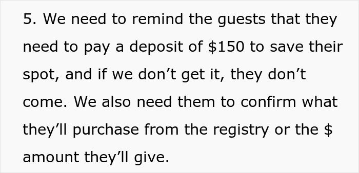Text about guests needing to pay a deposit and confirm registry purchases relating to a bridezilla family meeting. Text about guests needing to pay a deposit and confirm registry purchases relating to a bridezilla family meeting.