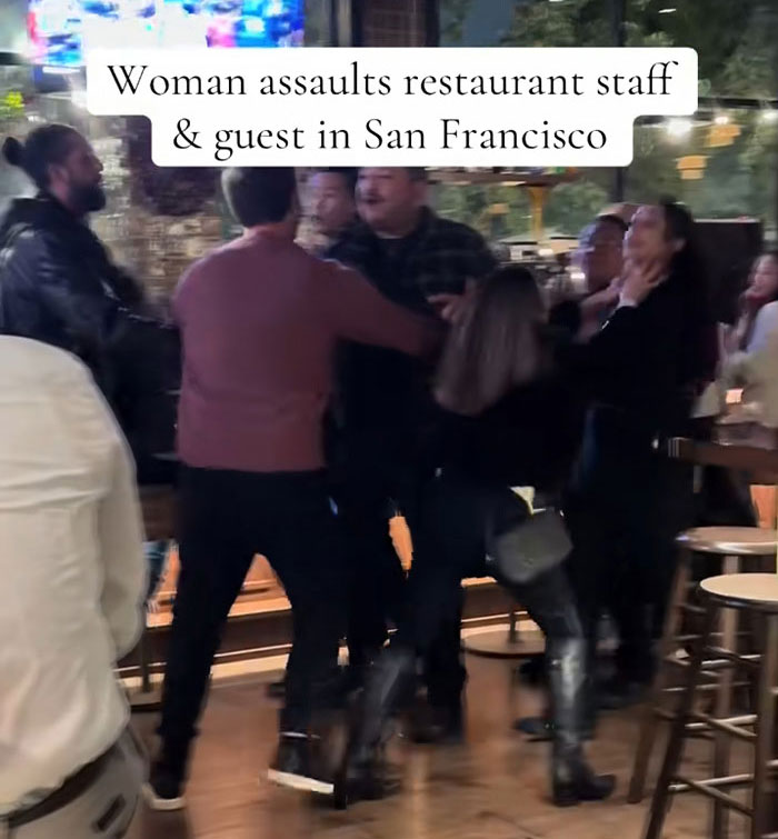 Bar fight breaks out as woman assaults restaurant staff and guest in San Francisco during viral bartender incident.