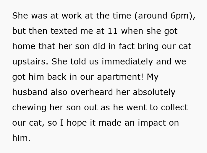 Text message conversation explaining how the neighbor&rsquo;s son returned the cat after &lsquo;adopting&rsquo; it for days.