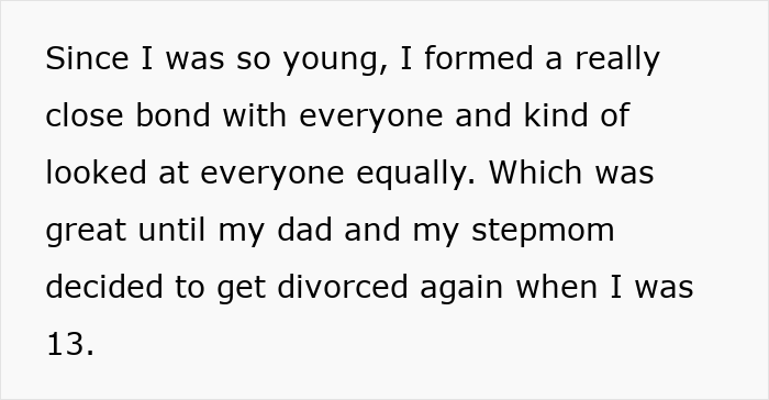 Text excerpt explaining why a woman shares having 7 parents, revealing her close bond before her dad and stepmom divorced. Text excerpt explaining why a woman shares having 7 parents, revealing her close bond before her dad and stepmom divorced.