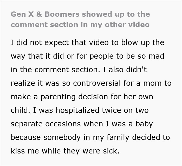 Text excerpt about a woman’s gentle reminder to grandma not to kiss her baby sparking viral parenting opinions.